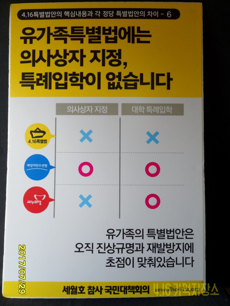 유가족특별법에는 의사상자 지정, 특례입학이 없습니다. 유가족의 특별법안은 오직 진상규명과 재발방지에 초점이 맞춰있습니다